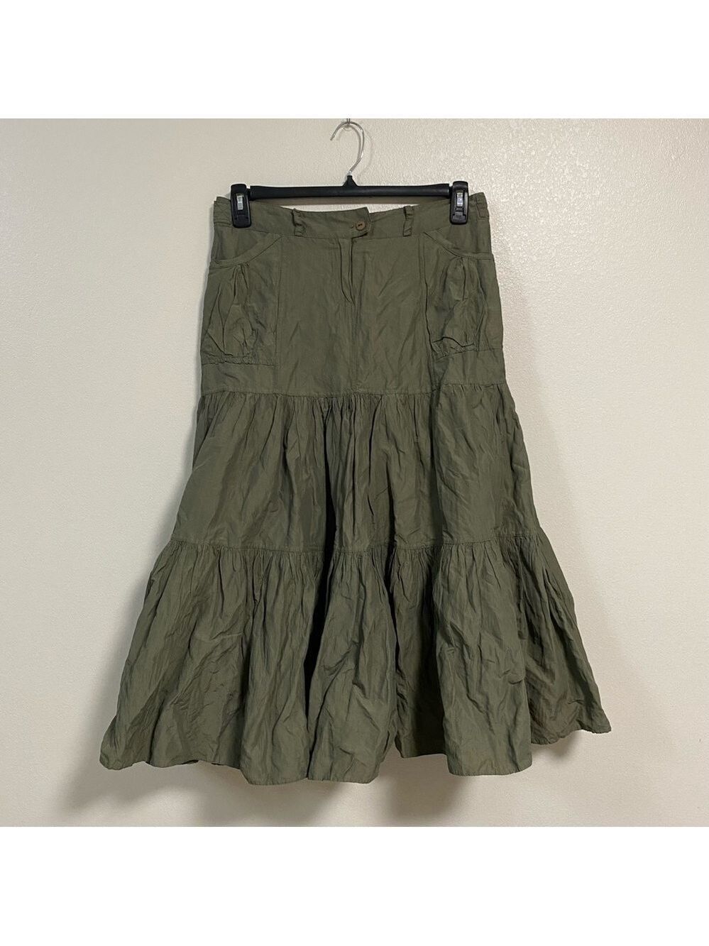 Orna Farho Skirt Women’s Size 8 Army Green 2 tiered Ruffle Maxi Skirt Army